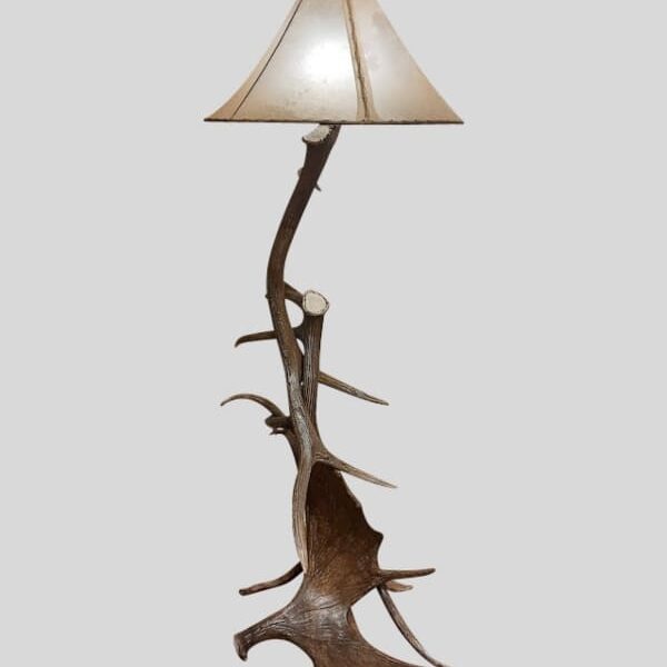 moose and elk floor lamp with a natural rawhide lampshade