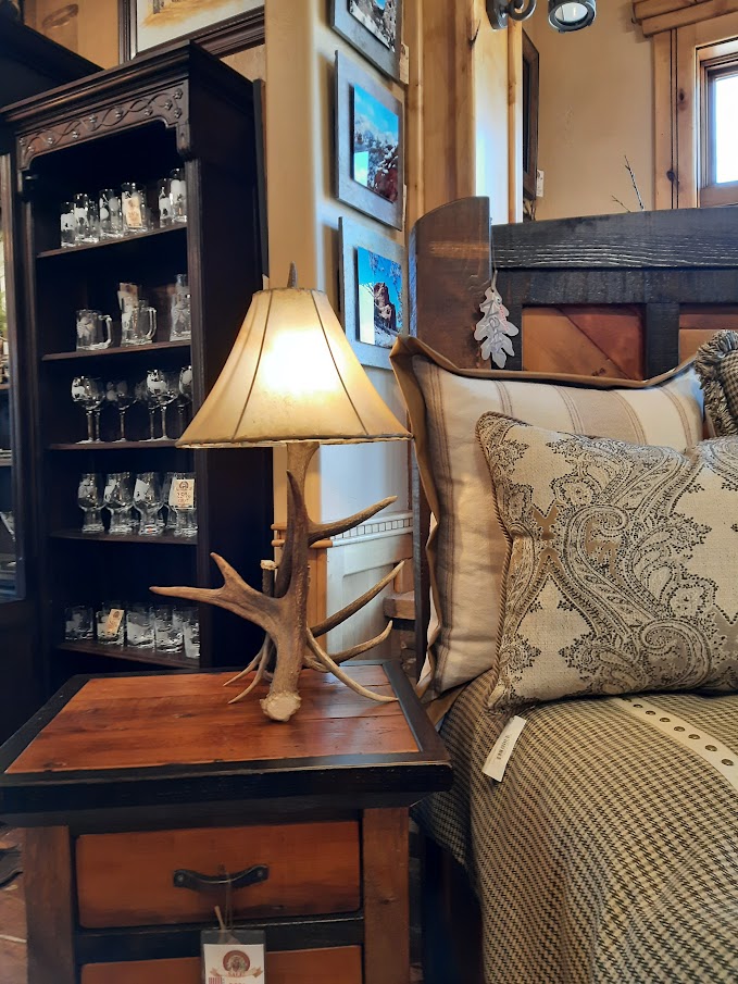 moose & elk Antler Table Lamp in tweeds showroom