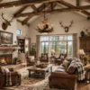 round fallow deer antler chandelier with a rawhide and mica iron base in a home living room