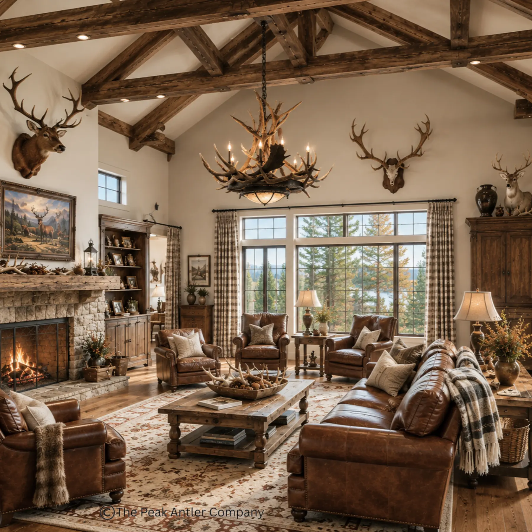 round fallow deer antler chandelier with a rawhide and mica iron base in a home living room