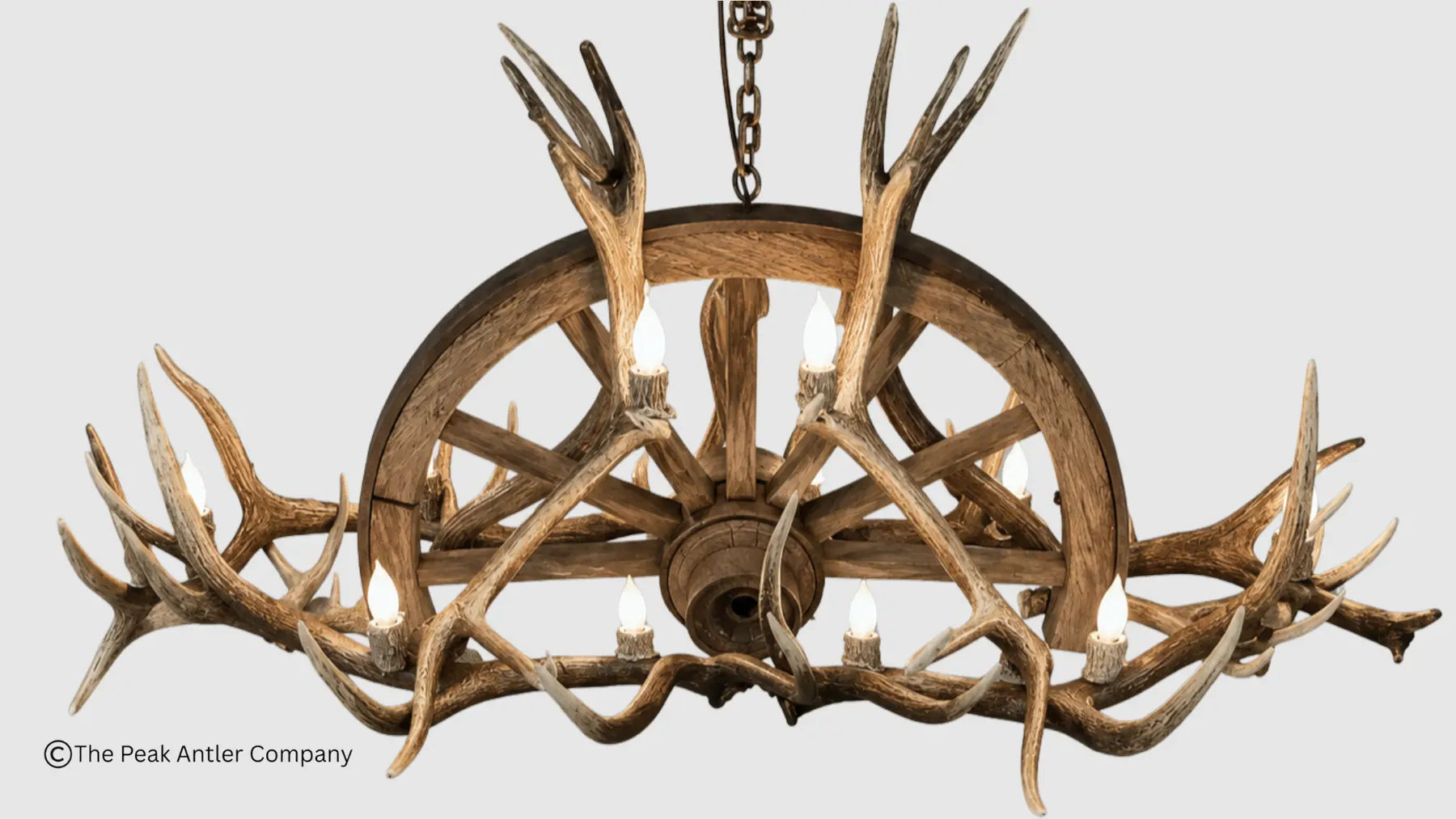 down view on the oval wagon wheel and elk antler chandelier
