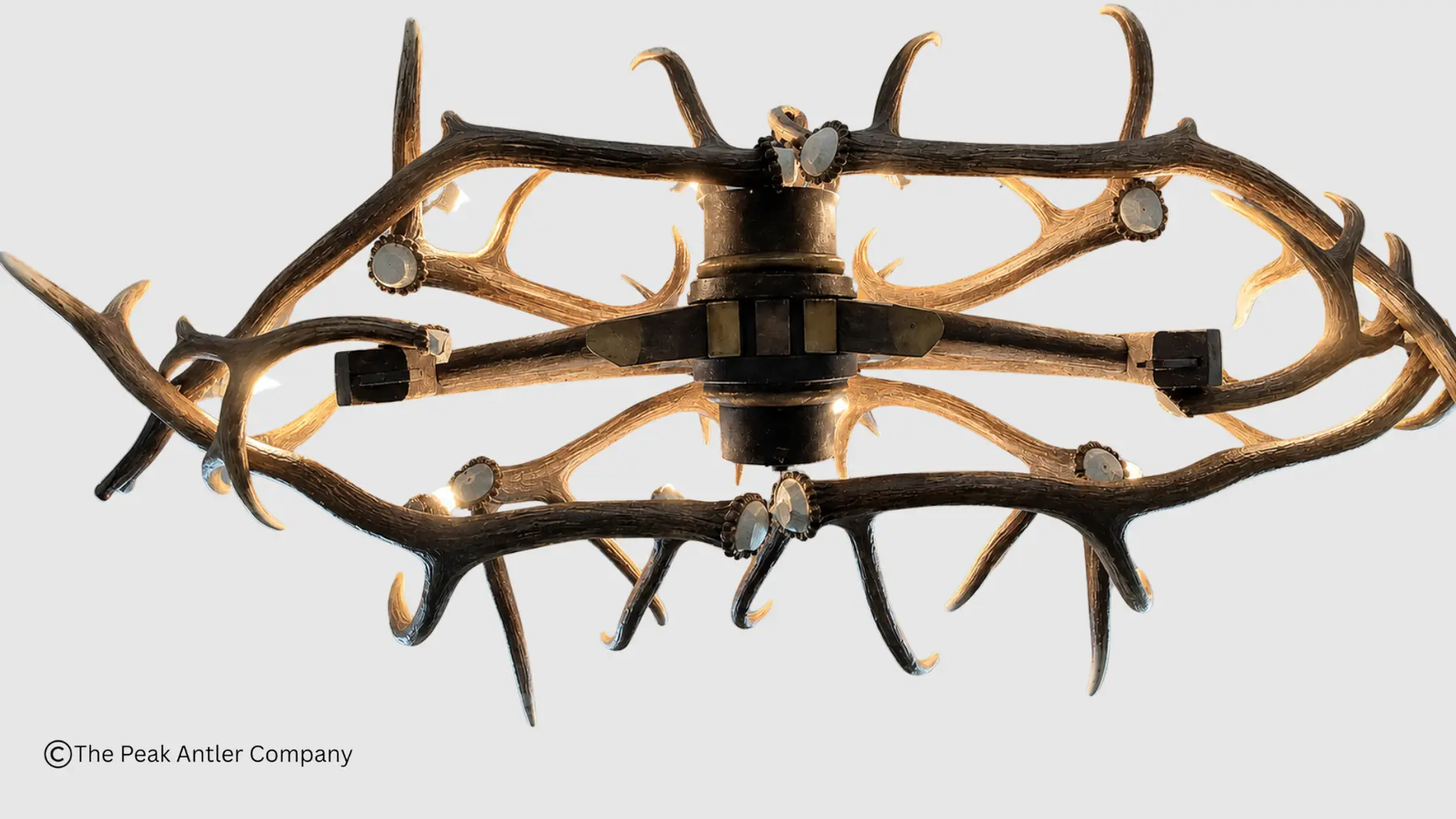 bottom view of the elk antler and wagon wheel chandelier