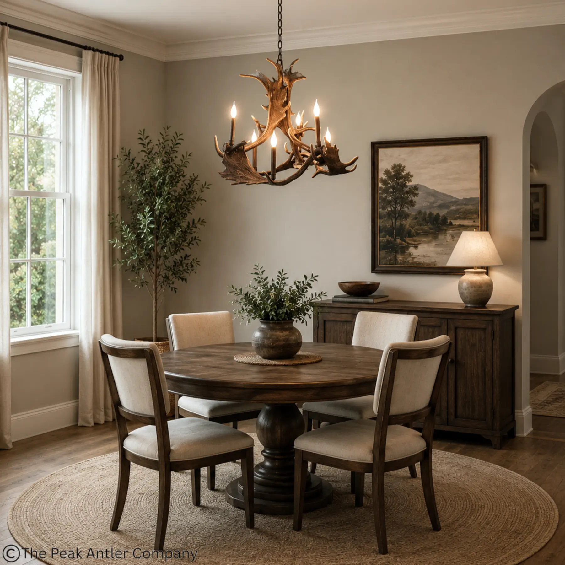 windom peak round fallow deer antler chandelier over a round dinning room table