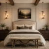two elk antler pendant light in a bedroom on each side of the bed over the night stands