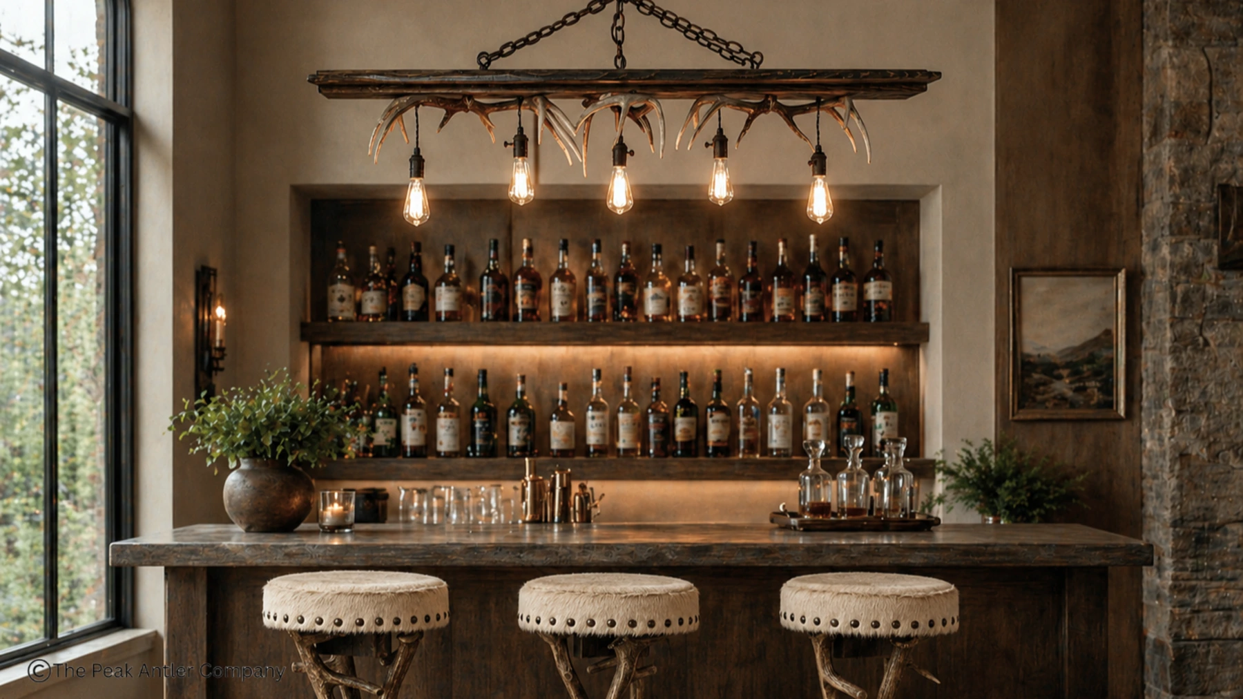 Slenderwood Modern Whitetail Antler Chandelier over a home bar