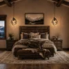 two whitetail antler pendant light in a home bedroom over each side table