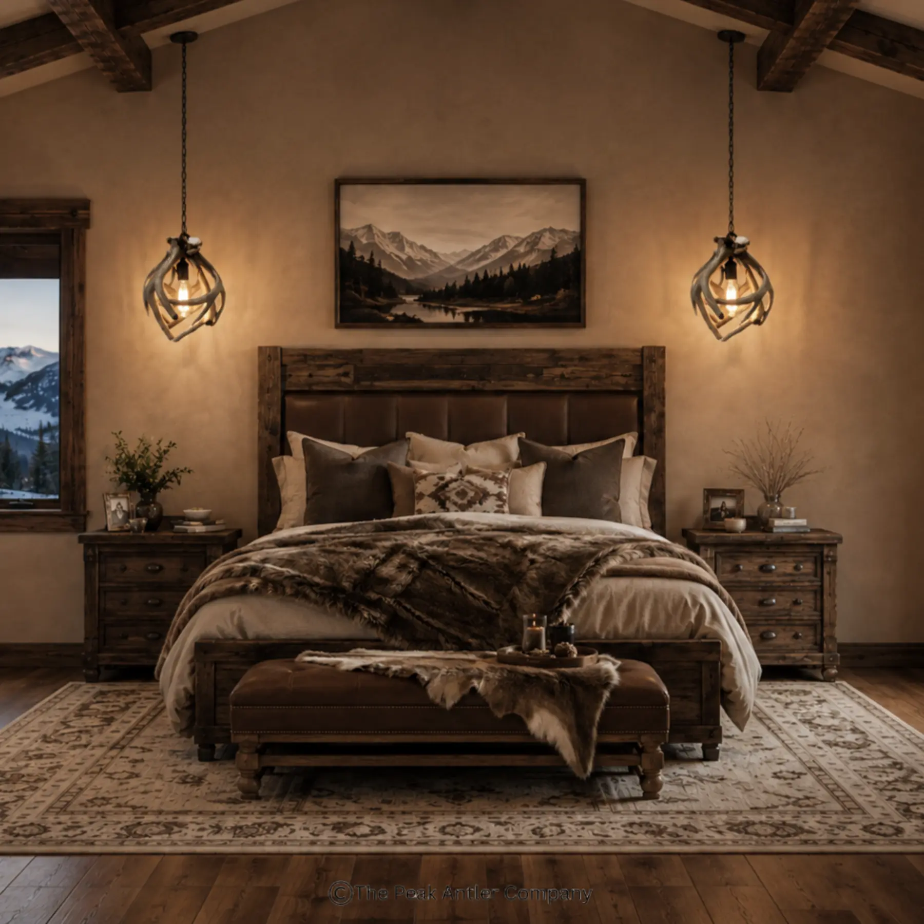 two whitetail antler pendant light in a home bedroom over each side table