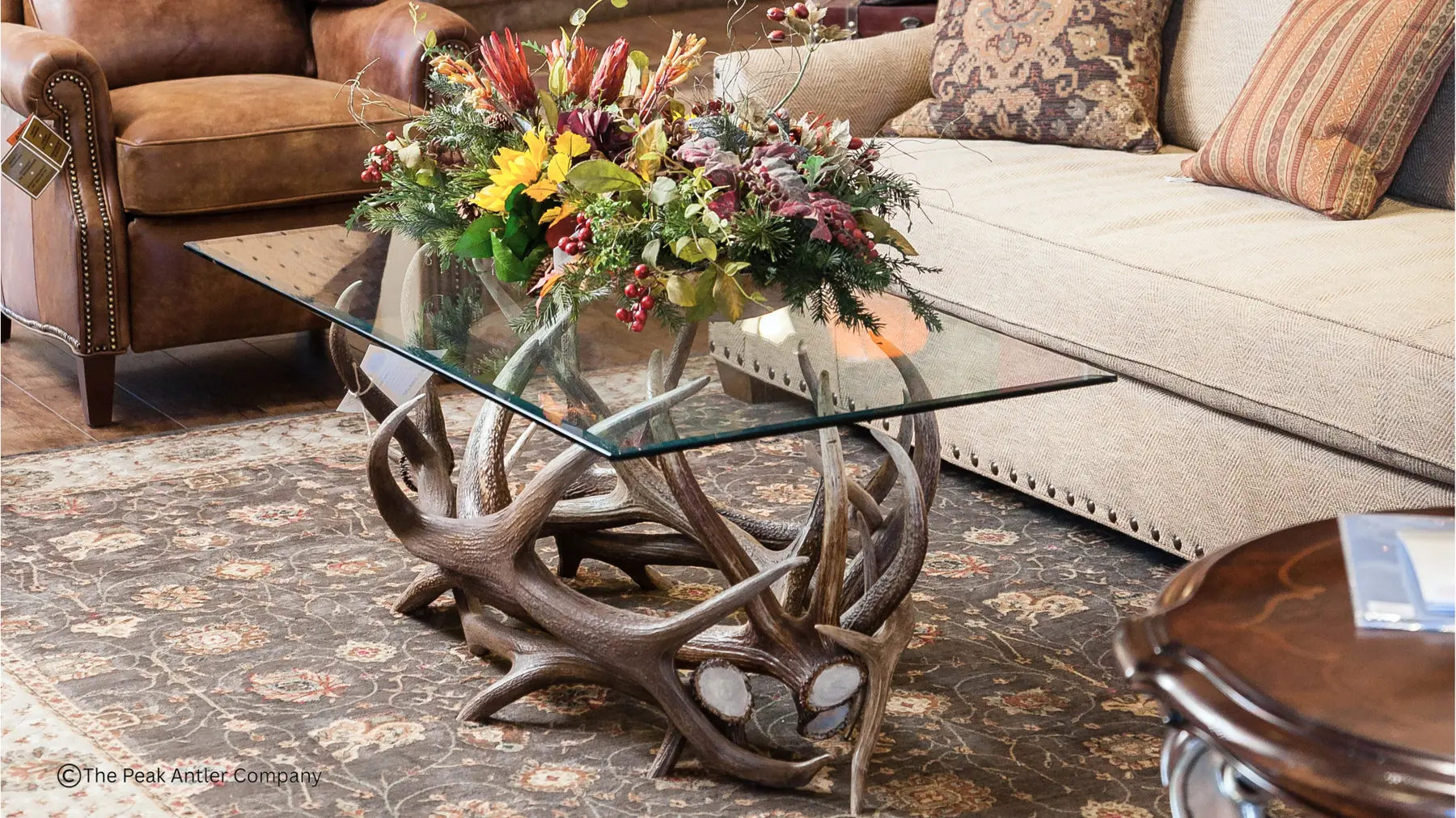 elk antler coffee table in a home living room