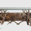 mule deer antler coffee table, cocktail table with dark reclaimed wood with a rectangle glass top
