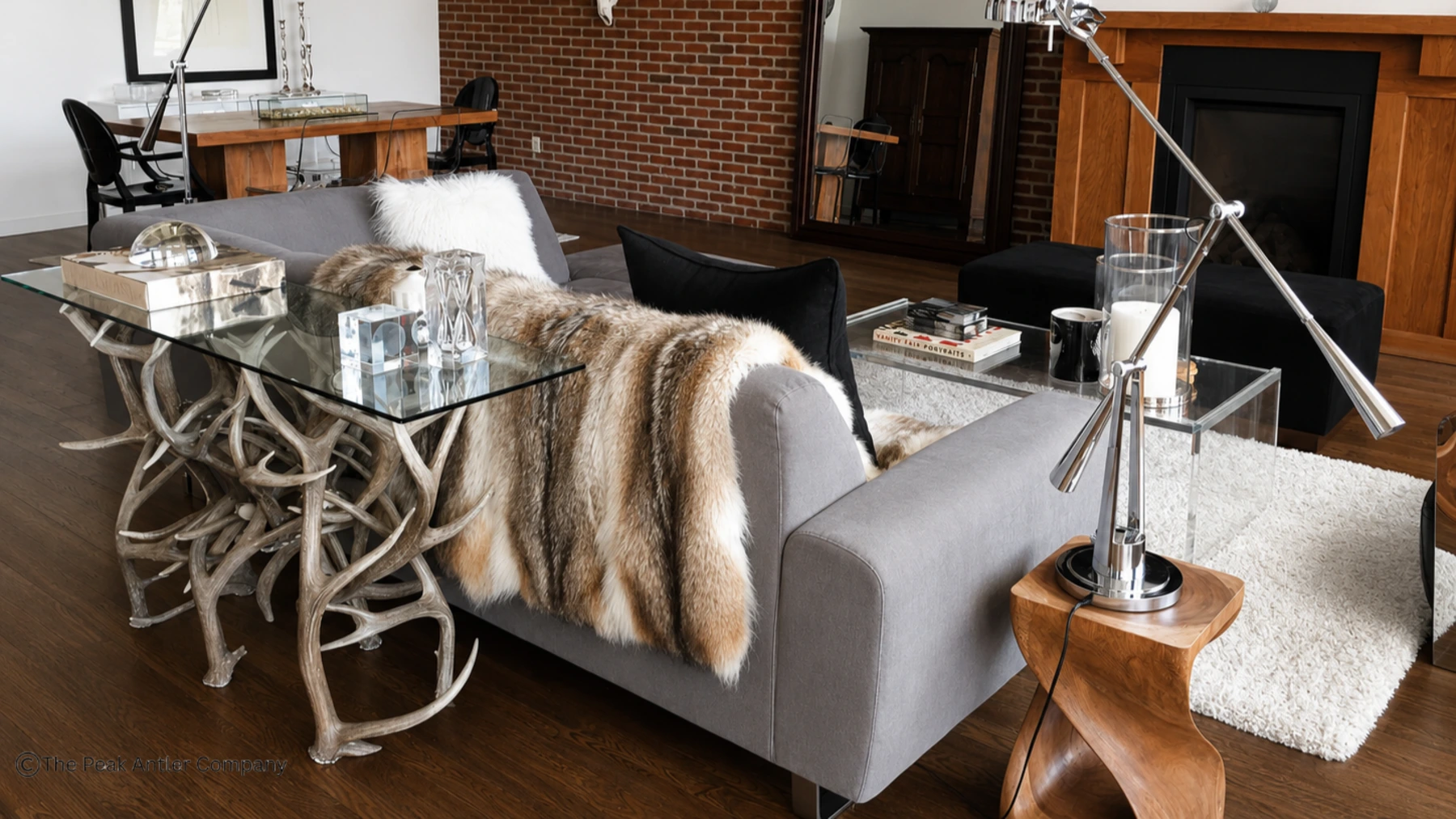 Elk & Mule Deer Antler Sofa Table in a modern home living room