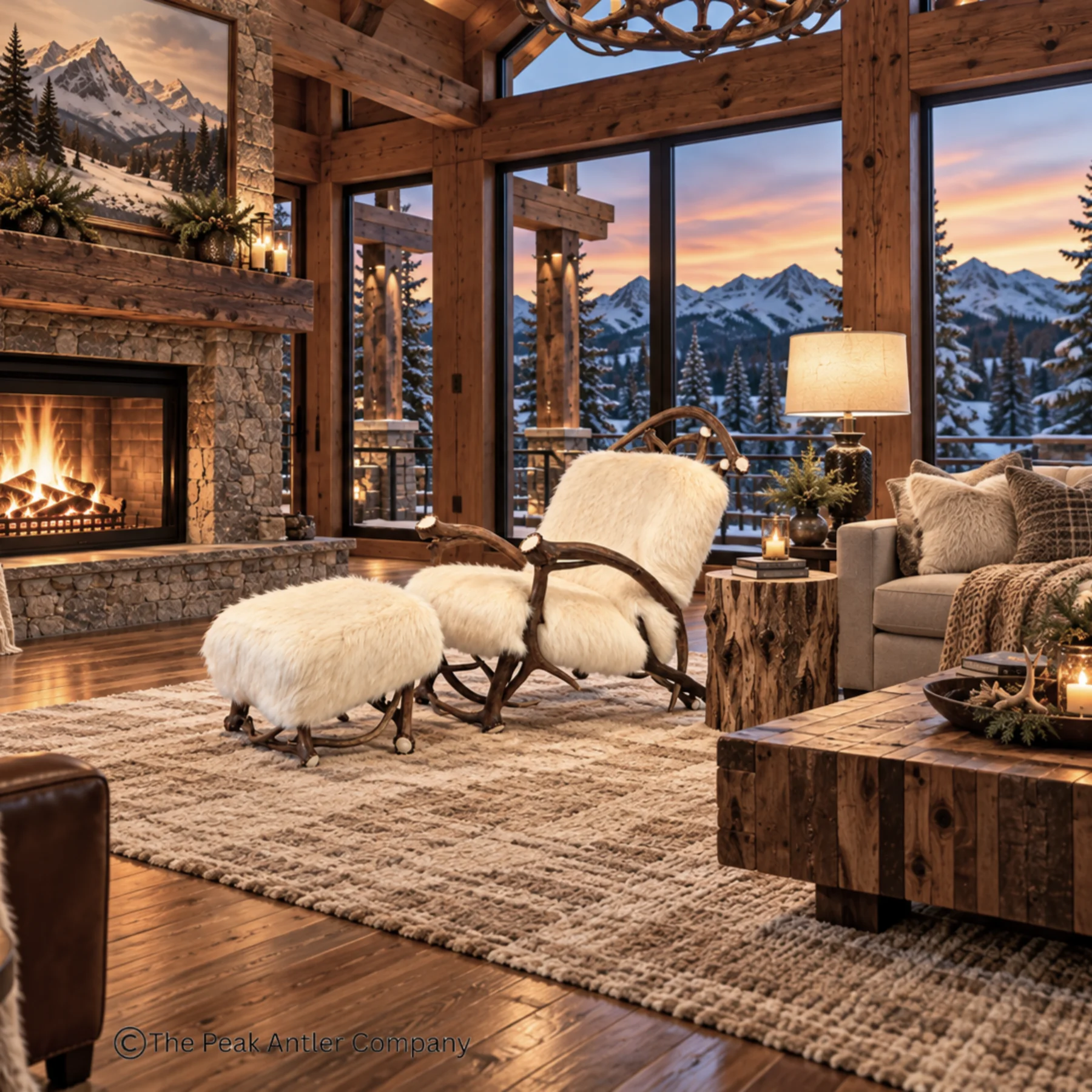 Alpine Elk Antler Chair & Ottoman in a luxury chalet home living room