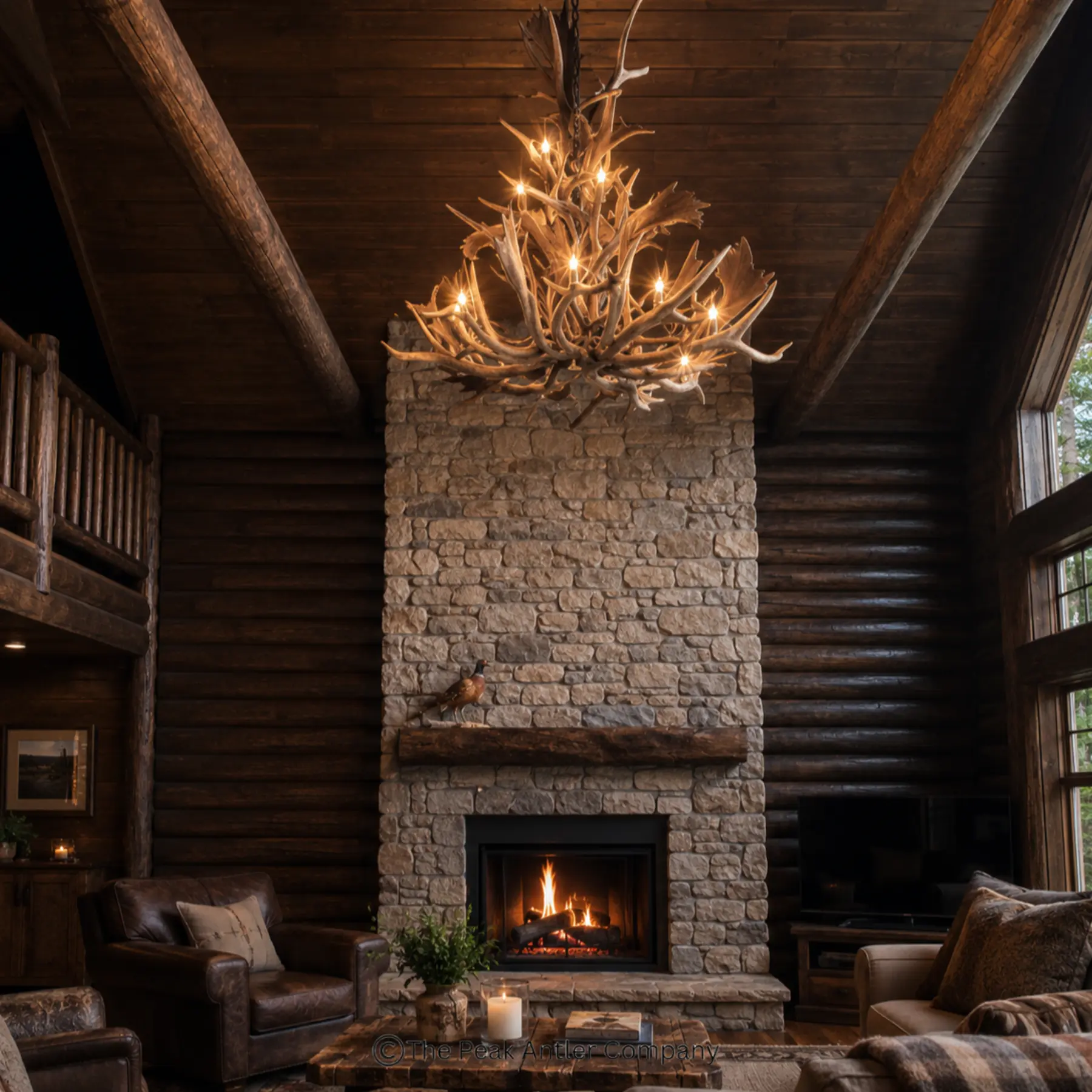 chalewt elk, fallow and deer antler chandelier in a home sitting room