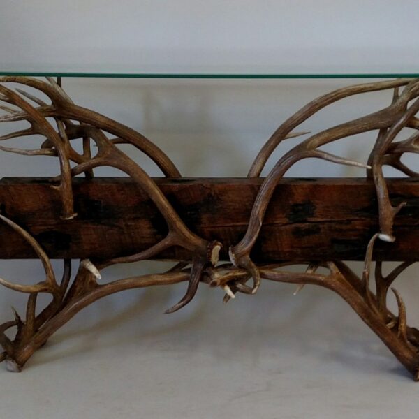 timberline elk and mule deer sofa table with a glass top