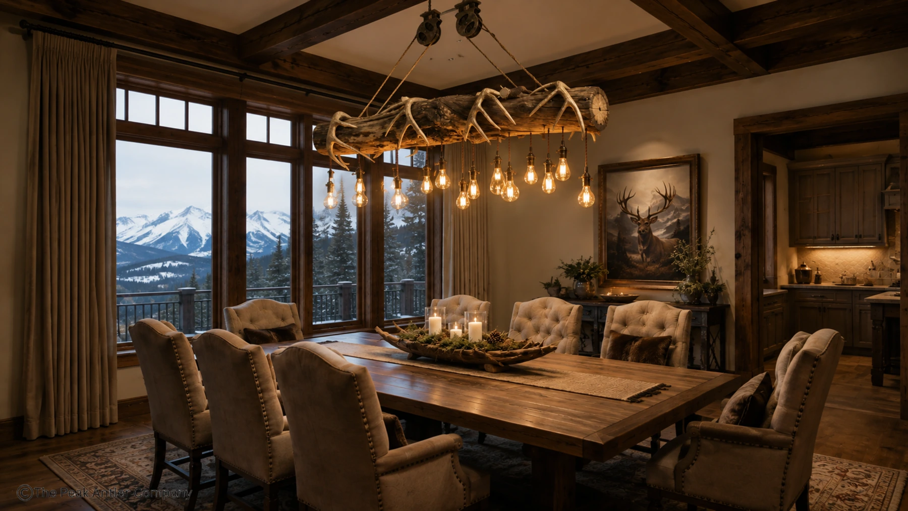oval Rustic Log & Whitetail Deer Antler Chandelier in a home dinning room over the table