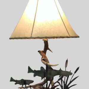 mule deer table lamp with handmade metal fish and reeds