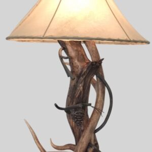 our pincone table lamp features elk antlers a aspen log and metal pinecones