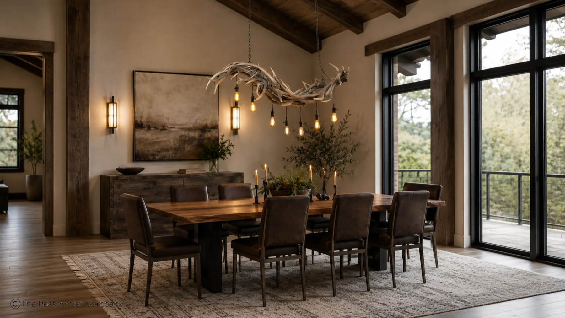 Seven Falls elk Antler Chandelier over a home dinning table