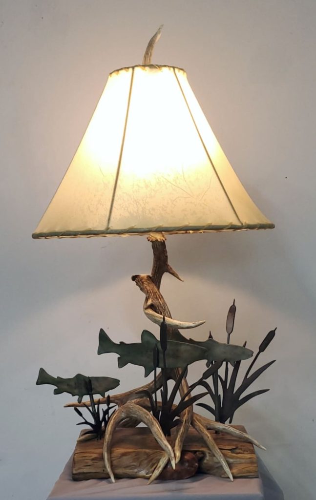 metal fish and reeds scene lamp with mule deer antlers 