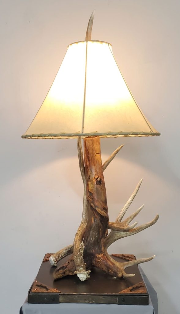 aspen log and mule deer antler lamp with metal fish base
