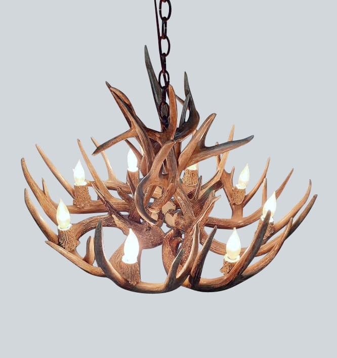loooking down on a large 8 lights round whitetail little bear chandelier