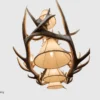 bottom view of the mt belford elk and mule deer antler chandelier with rawhide lampshades