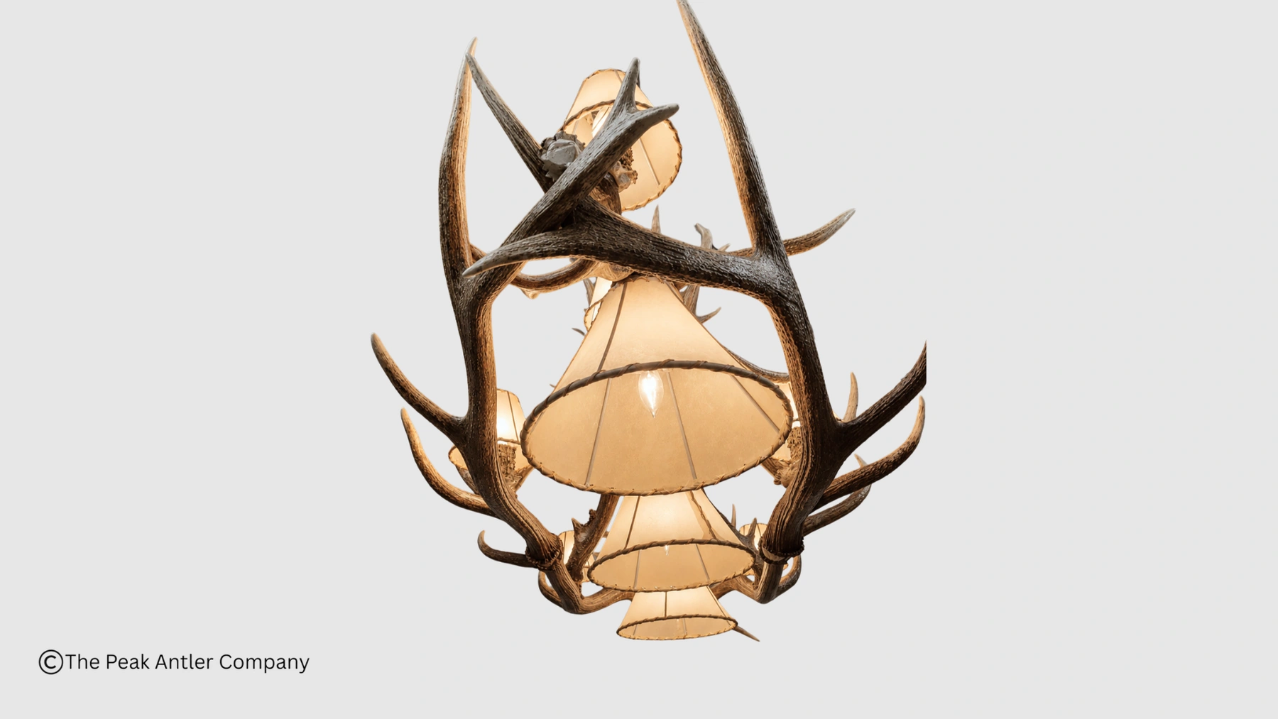 bottom view of the mt belford elk and mule deer antler chandelier with rawhide lampshades