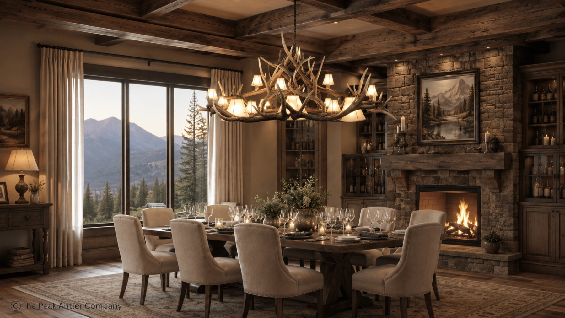mt belford elk and mule deer antler chandelier over a home dinning room table