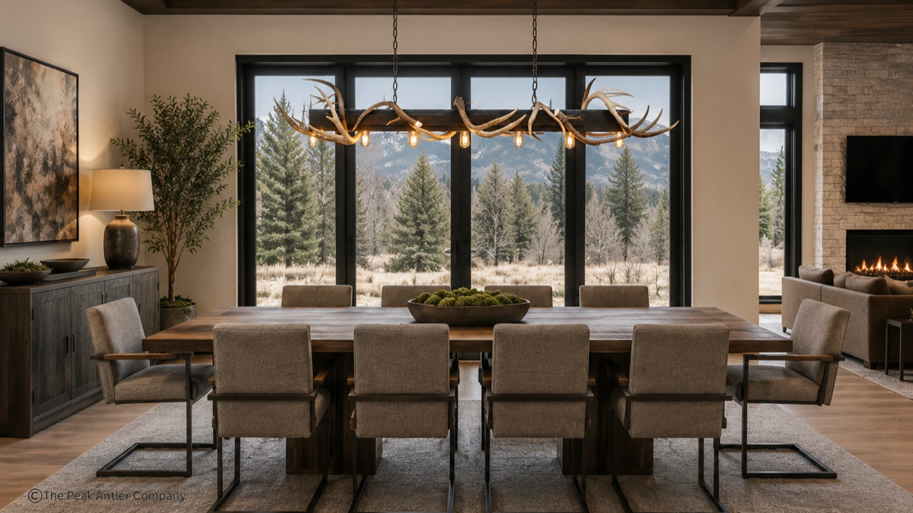 modern whitatil antler chandelier with metal beam in a home dinning room over the table