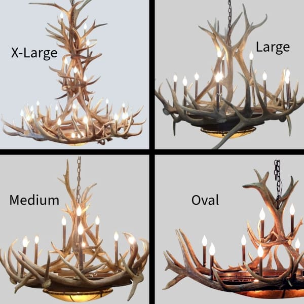xl elk mt bross Chandler with 22 lights bottom view of the XL mt bross elk chandelier different styles of candle cup for antler light fixtures finish options Mt Bross Elk Antler Series Chandeliers with Rawhide & Mica Iron Base