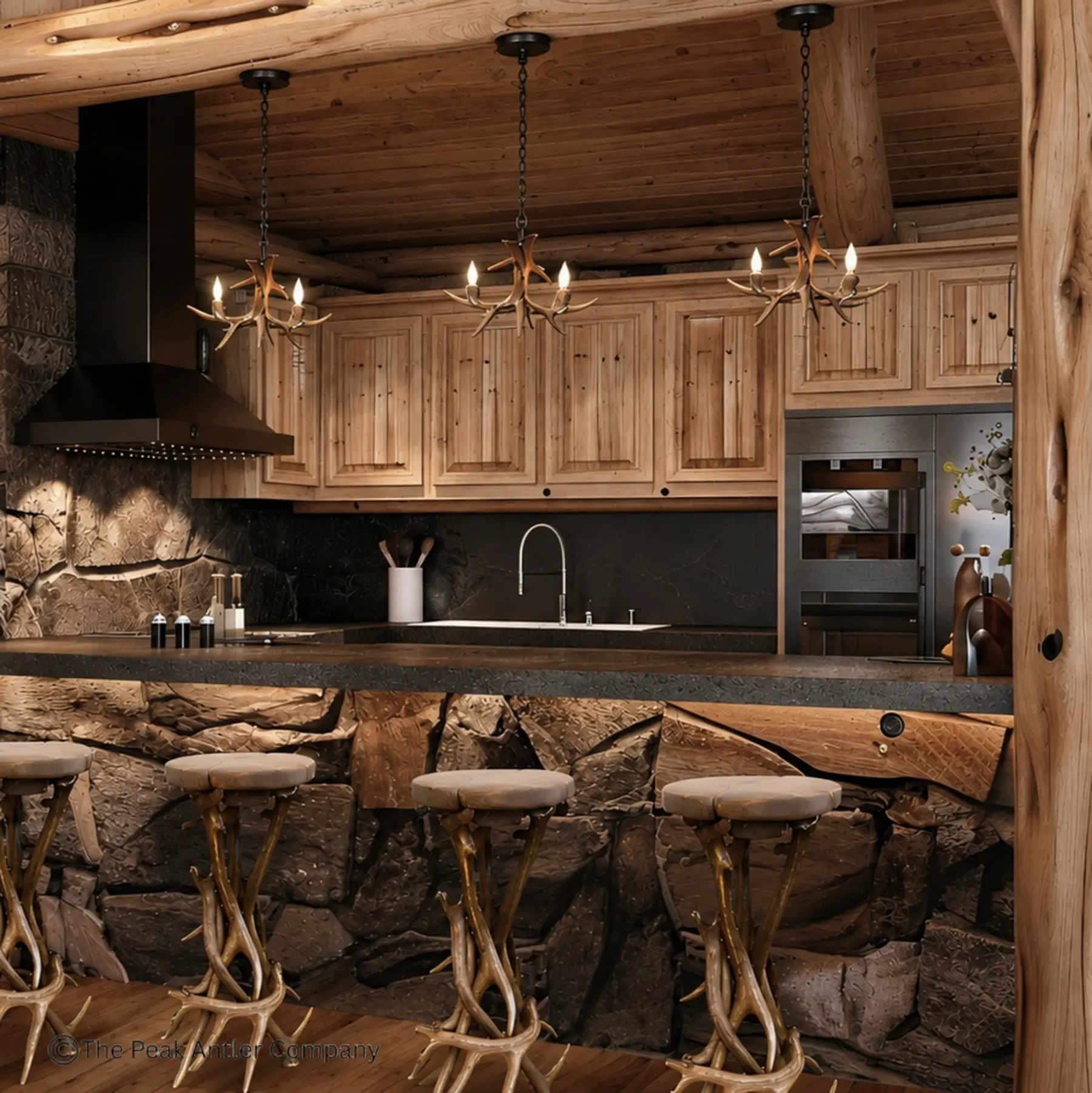 three whitetail deer antler pendant lights over a home bar