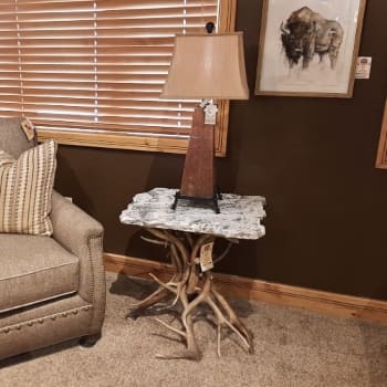 elk antler end table with granite table top