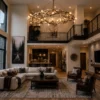 Halo mule deer antler chandelier in a home living room.