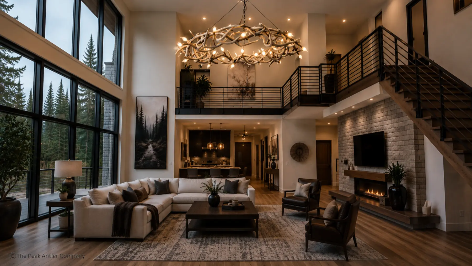 Halo mule deer antler chandelier in a home living room.