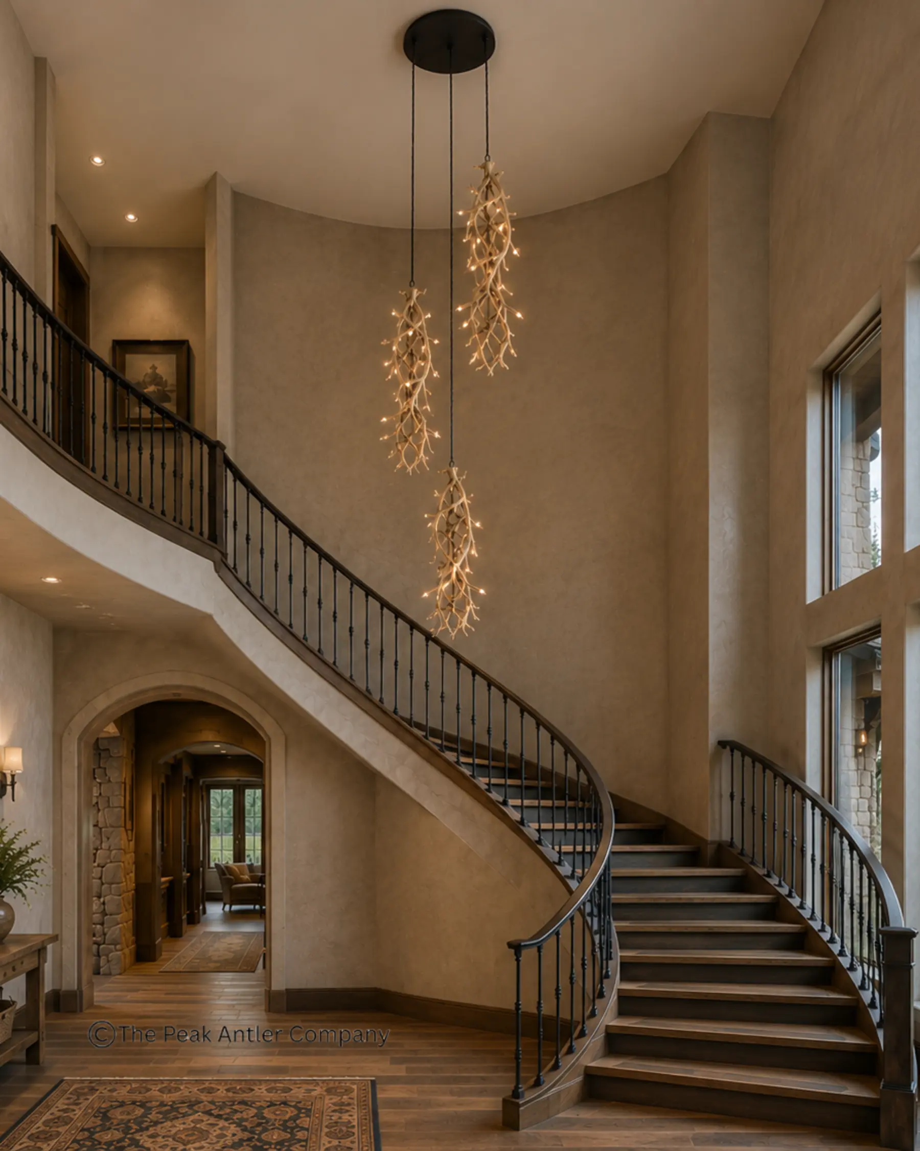 a set of three mt oso mule deer antler chandeliers in a home spiral staircase