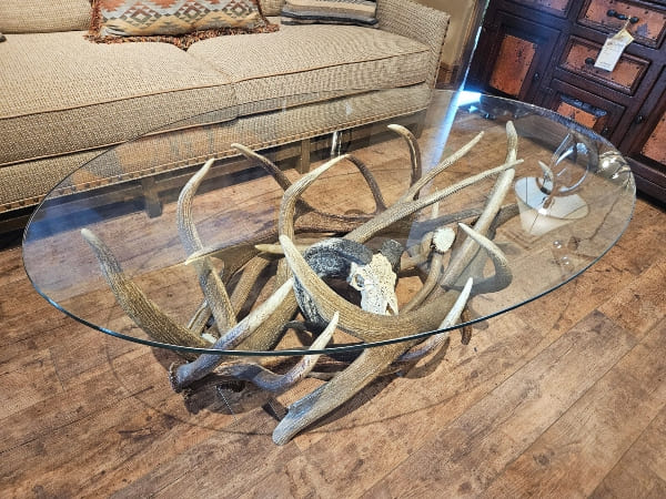 elk antler coffee table with hand carved Indonesian ram skull