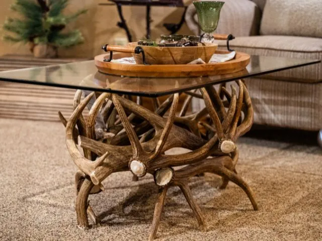 An Elk Antler Coffee table in hanging in the Tweeds showroom in Woodland Park, CO