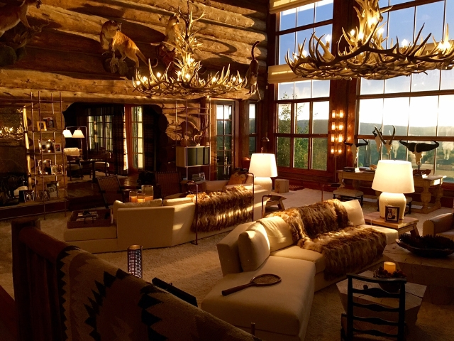 Two large Mt. Elbert Antler Chandelier, hanging in a large living room at Seven Lakes Ranch, CO