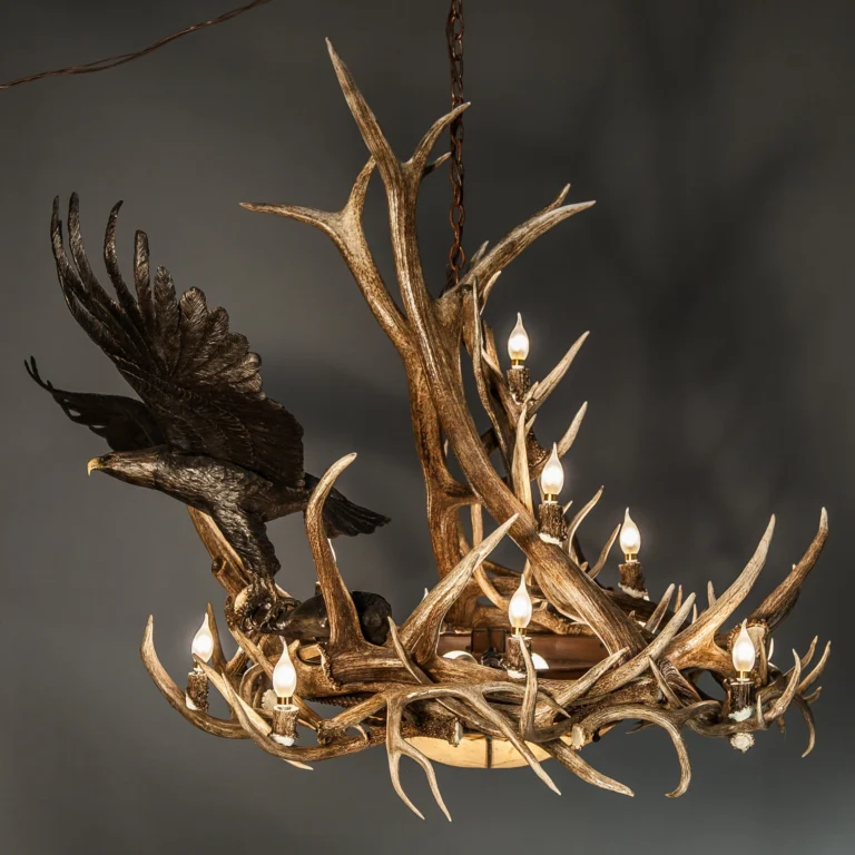 A mule deer antler chandelier with bronze eagle sculpture soaring away from the antlers